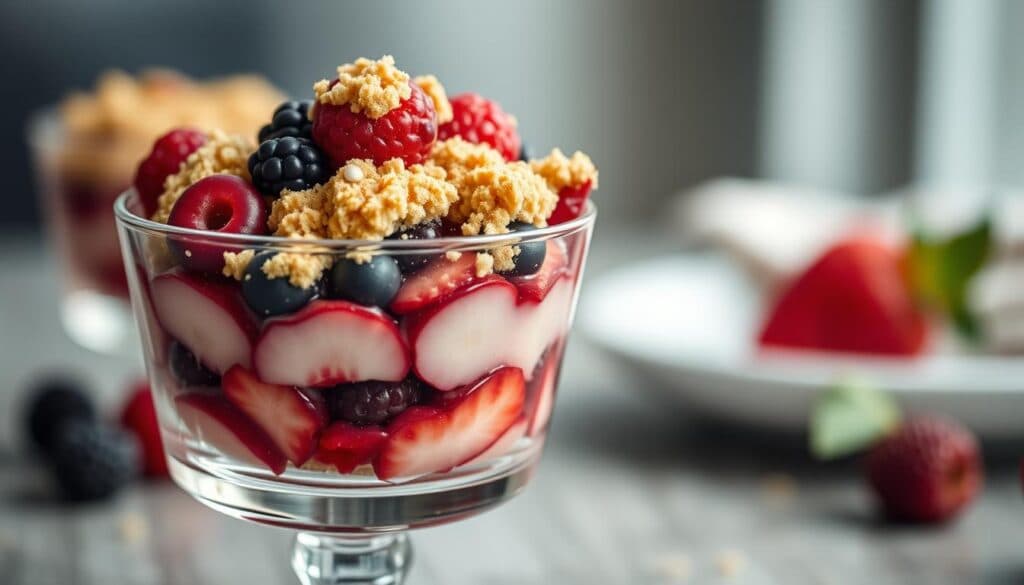 Beeren Crumble im Glas serviert Beeren Crumble im Glas serviert