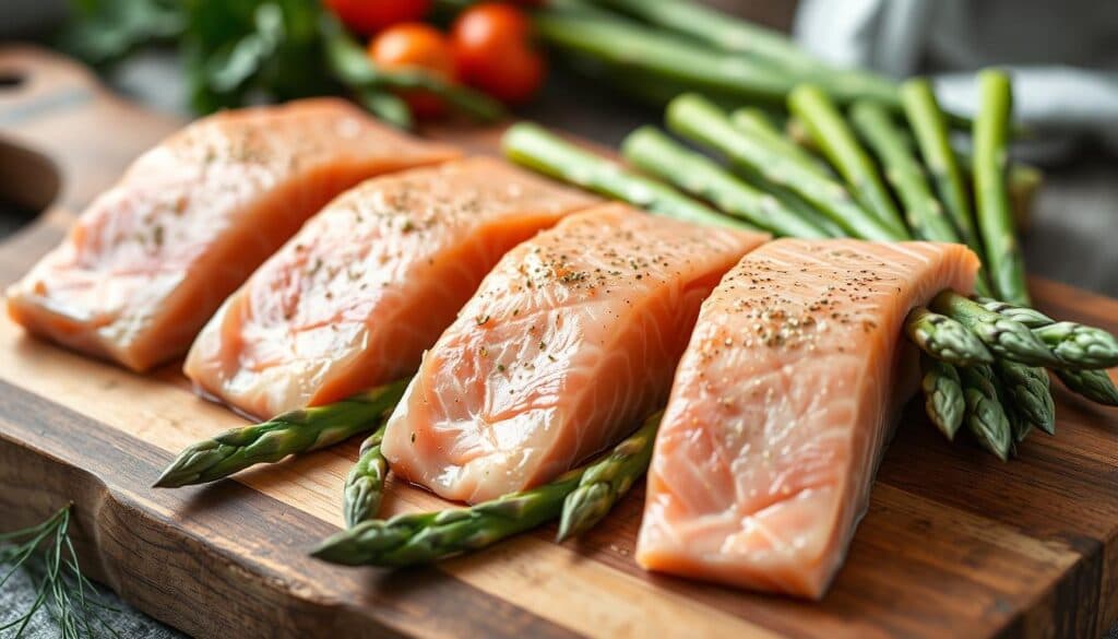 Frische Lachsfilets und Spargel Frische Lachsfilets und Spargel
