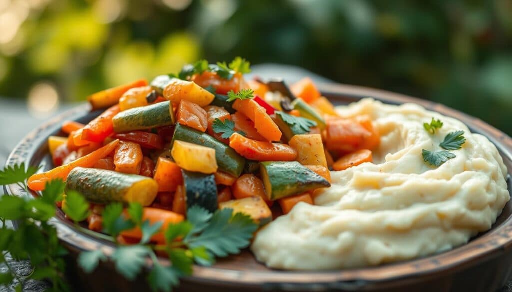 Gemüsepfanne mit veganem Kartoffelbrei Gemüsepfanne mit veganem Kartoffelbrei