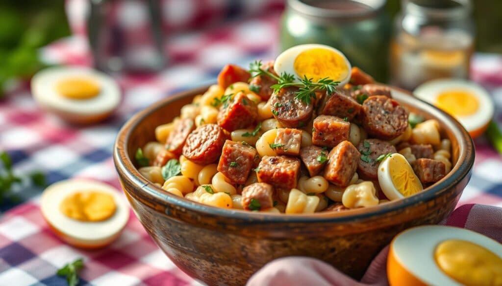 Klassischer Nudelsalat mit Fleischwurst und Ei