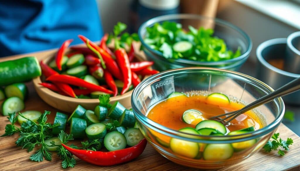 Zubereitungsschritte für asiatischen Gurkensalat Zubereitungsschritte für asiatischen Gurkensalat