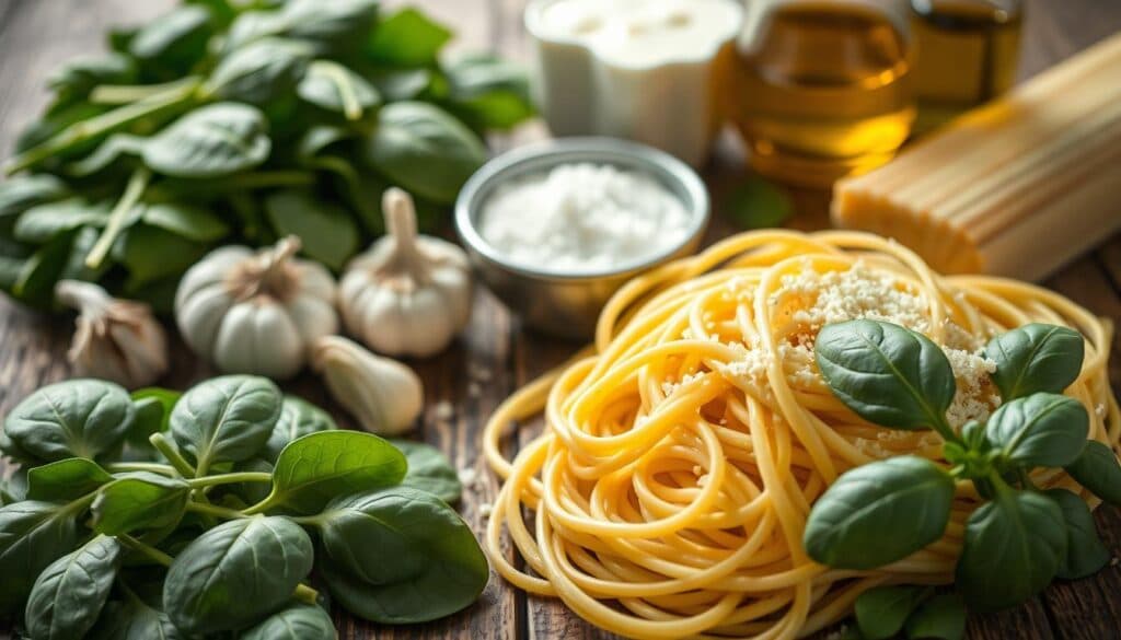 Zutaten für cremige Nudeln mit Spinat Zutaten für cremige Nudeln mit Spinat