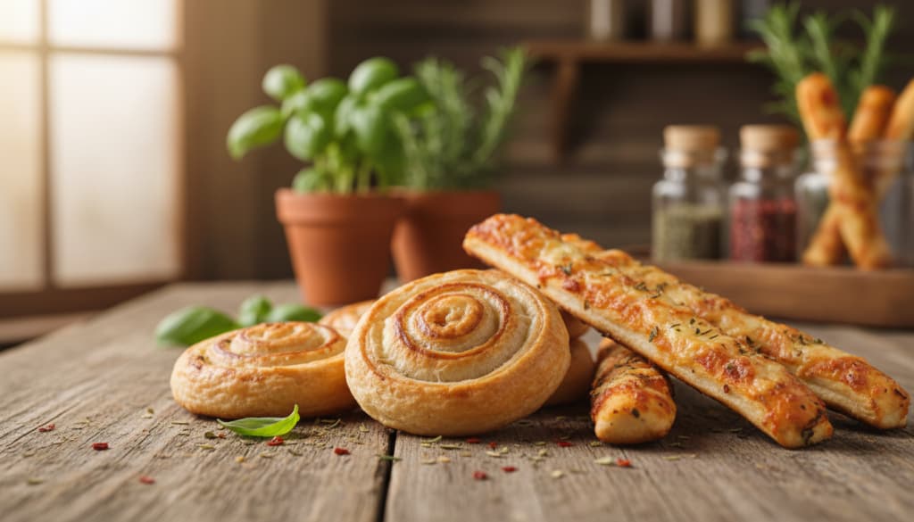 Blätterteigschnecken und Pizzastangen Blätterteigschnecken und Pizzastangen
