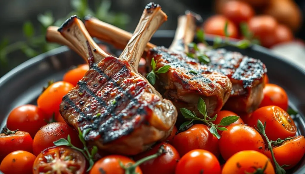 Gegrillte Lammkoteletts auf mediterranem Tomaten