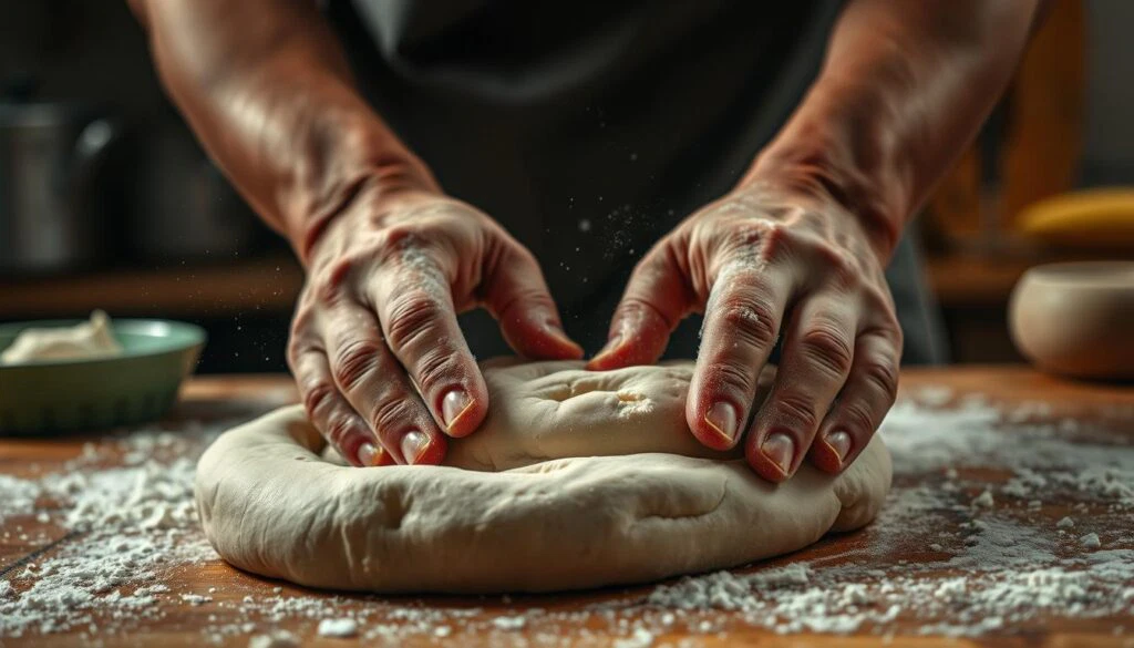 Kneten des Pizzateigs