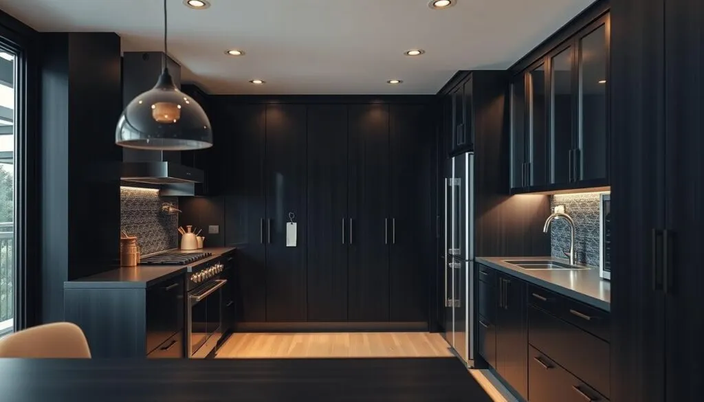 Schwarze Holzküche mit moderner Beleuchtung