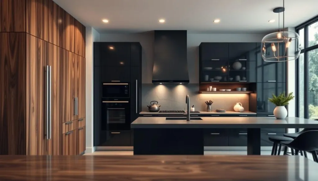 Schwarze Küche mit Holz