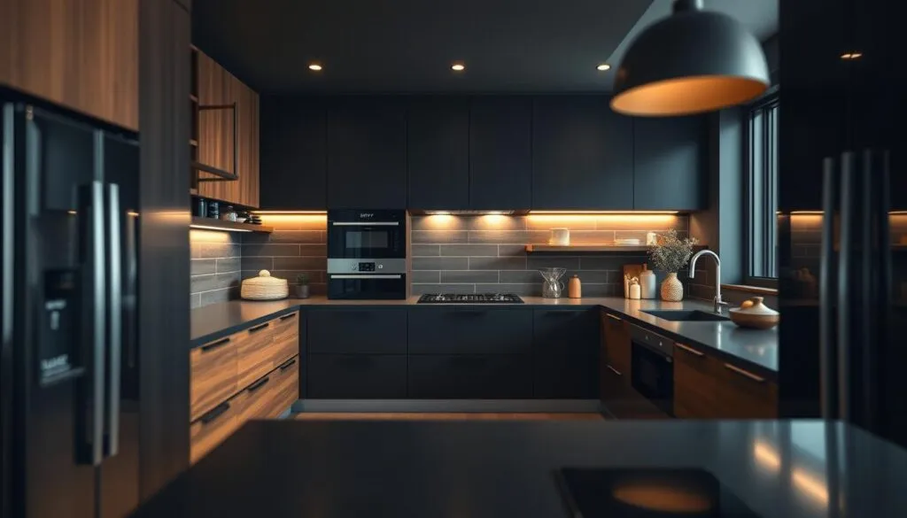 schwarze Küche mit Holz