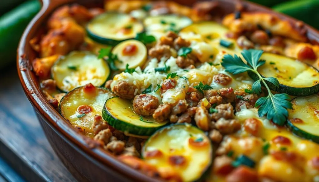 Zucchini Auflauf mit Hackfleisch und Käse überbacken