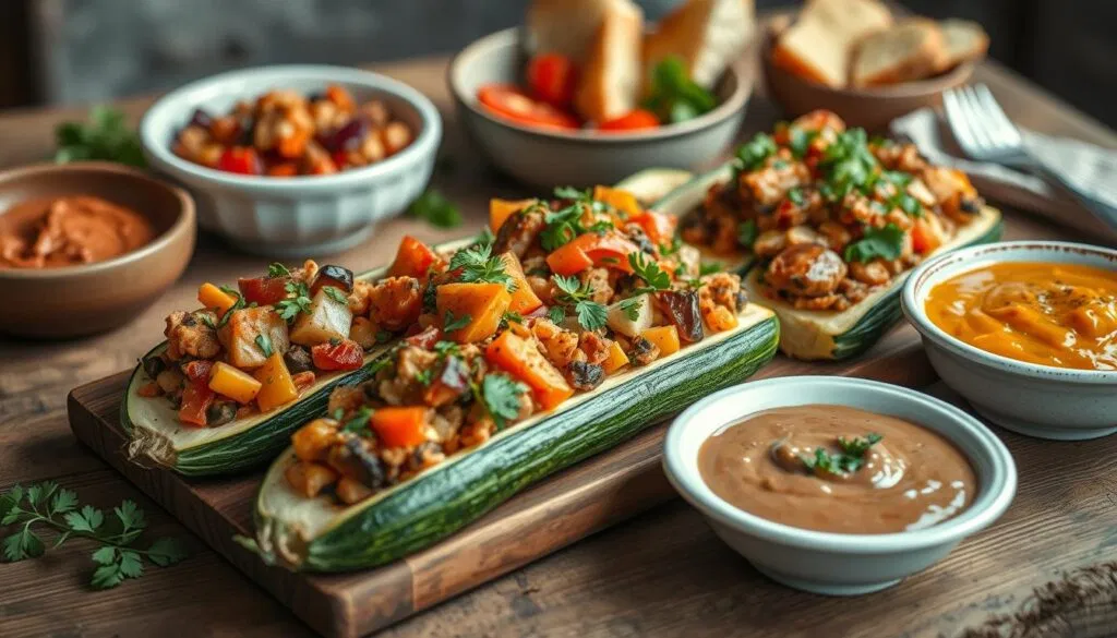 Gefüllte Zucchini mit Beilagen Gefüllte Zucchini mit Beilagen