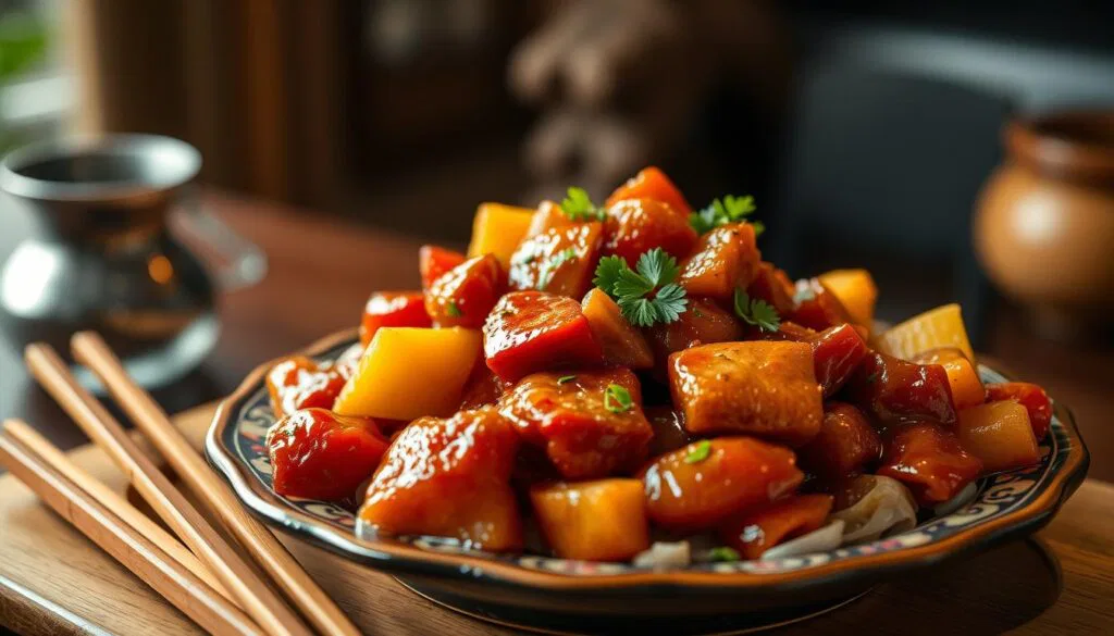 Schweinefleisch süß sauer Präsentation