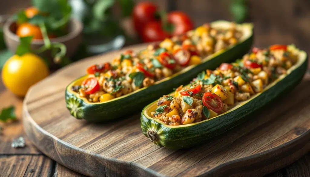 Zucchini gefüllt vegetarisches Gericht Zucchini gefüllt vegetarisches Gericht