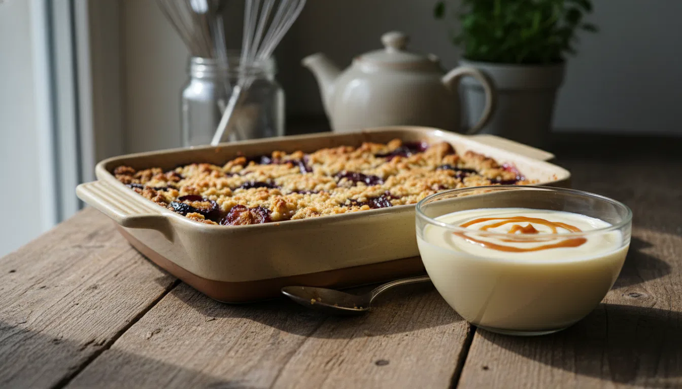Pflaumen Crumble mit Vanillepudding